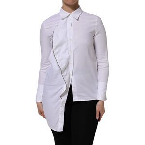 AGLINI White Cotton Collared Long Sleeves Ruffle Top Women's Shirt